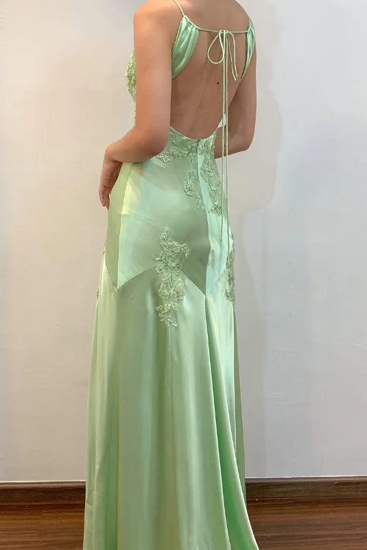 Elegant Green Straps V-Neck Embroideries Satin Backless Prom Dress