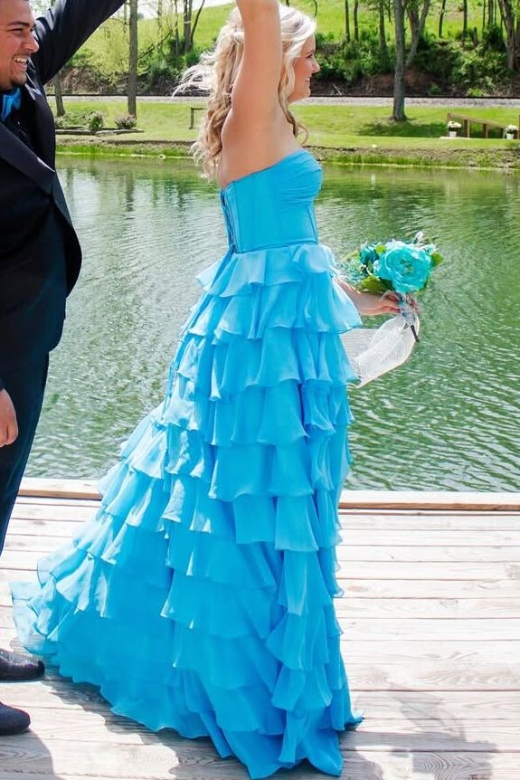 A-Line Strapless Layered Ruffles Sky Blue Chiffon Prom Dress, Slit