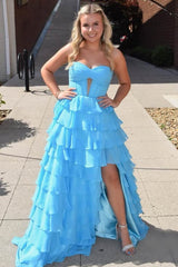 A-Line Strapless Layered Ruffles Sky Blue Chiffon Prom Dress, Slit