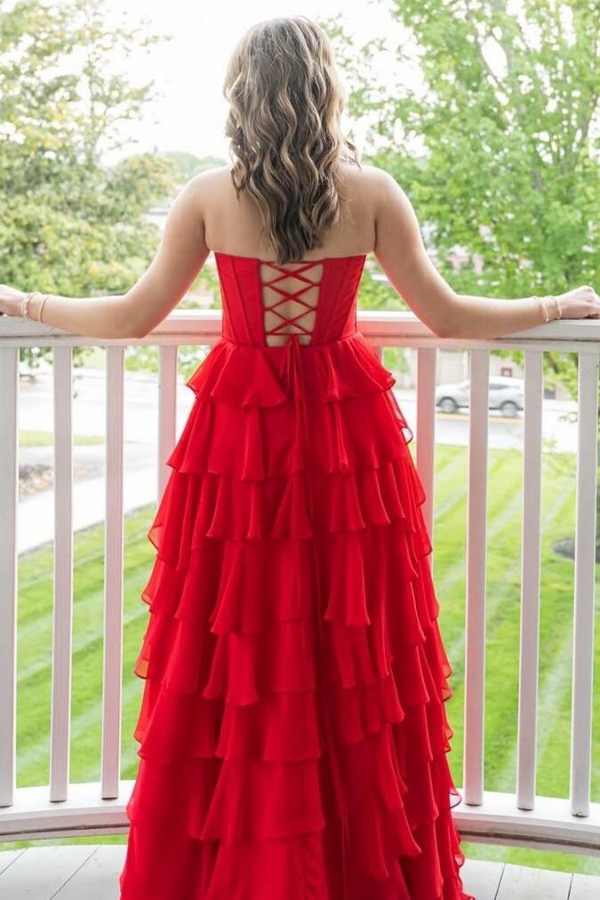 A-Line Strapless Layered Ruffles Sky Blue Chiffon Prom Dress, Slit