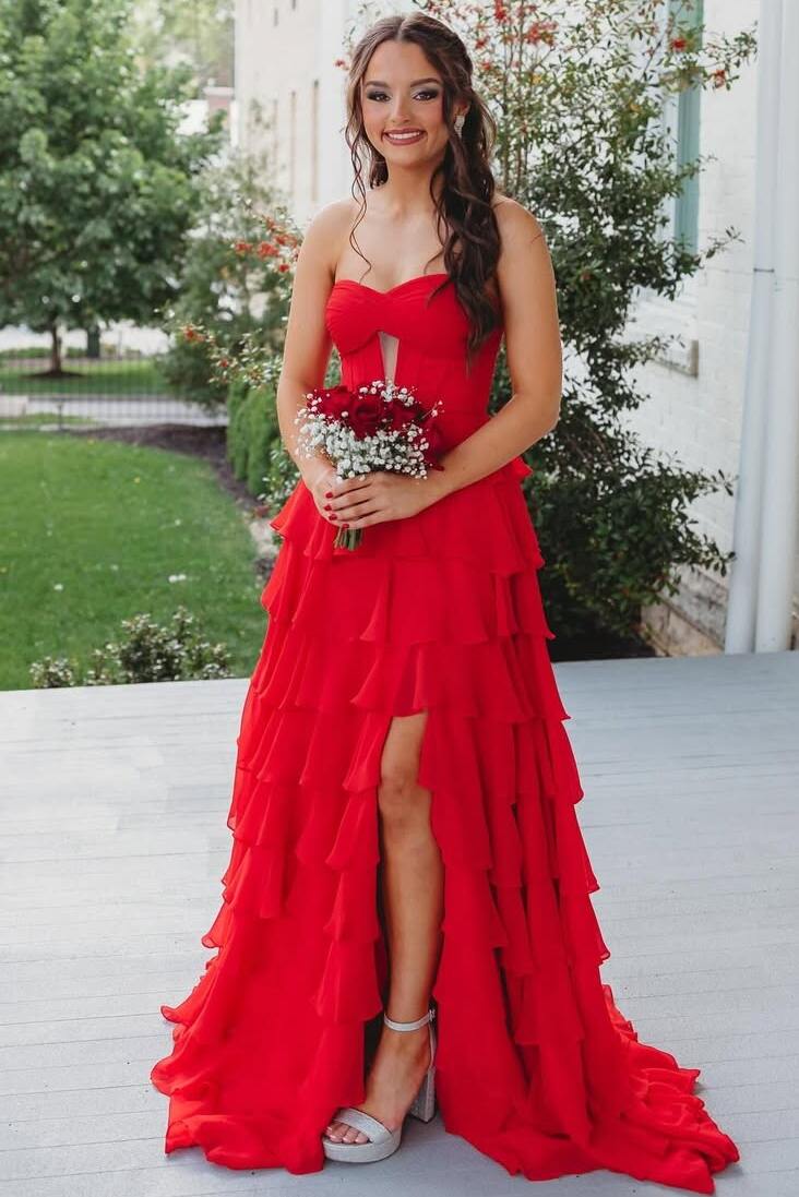 A-Line Strapless Layered Ruffles Sky Blue Chiffon Prom Dress, Slit