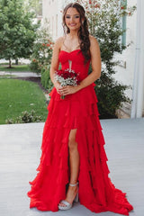 A-Line Strapless Layered Ruffles Sky Blue Chiffon Prom Dress, Slit
