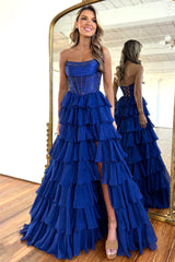 Dark Blue Strapless A Line Prom Dress with Sparkly Layered Chiffon and Side Slit