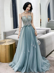 A-line Tulle Straps Long Blue Floor Length Party Dress, Blue Evening Dress Prom Dress