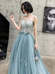 A-line Tulle Straps Long Blue Floor Length Party Dress, Blue Evening Dress Prom Dress