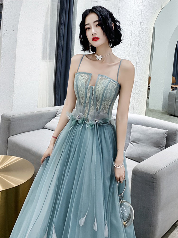 A-line Tulle Straps Long Blue Floor Length Party Dress, Blue Evening Dress Prom Dress