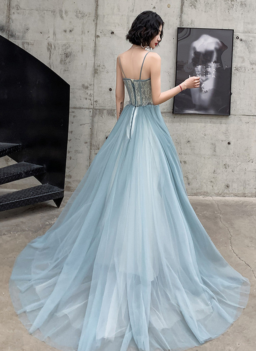 A-line Tulle Straps Long Blue Floor Length Party Dress, Blue Evening Dress Prom Dress
