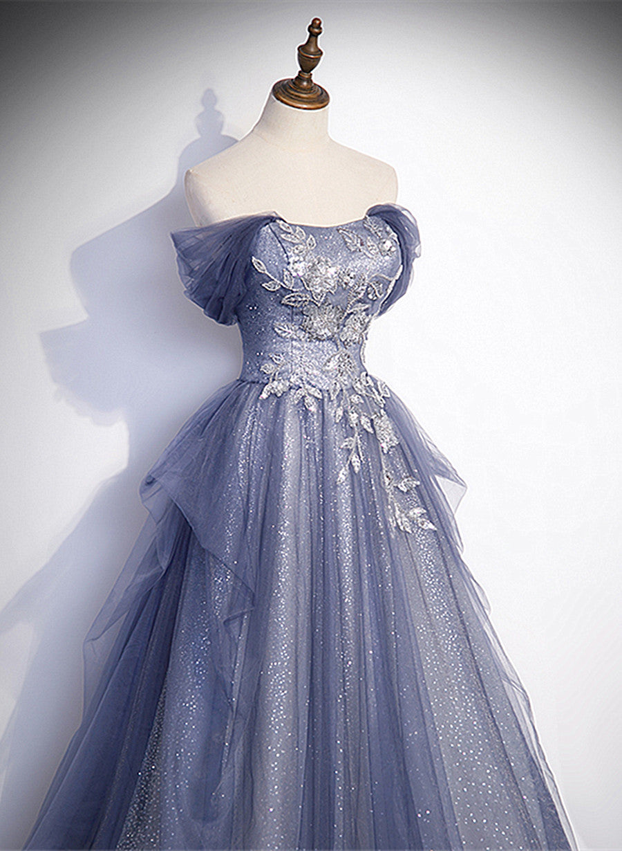 Blue-Grey Long A-line Off Shoulder Party Dress, New A-line Prom Dress Evening Dress