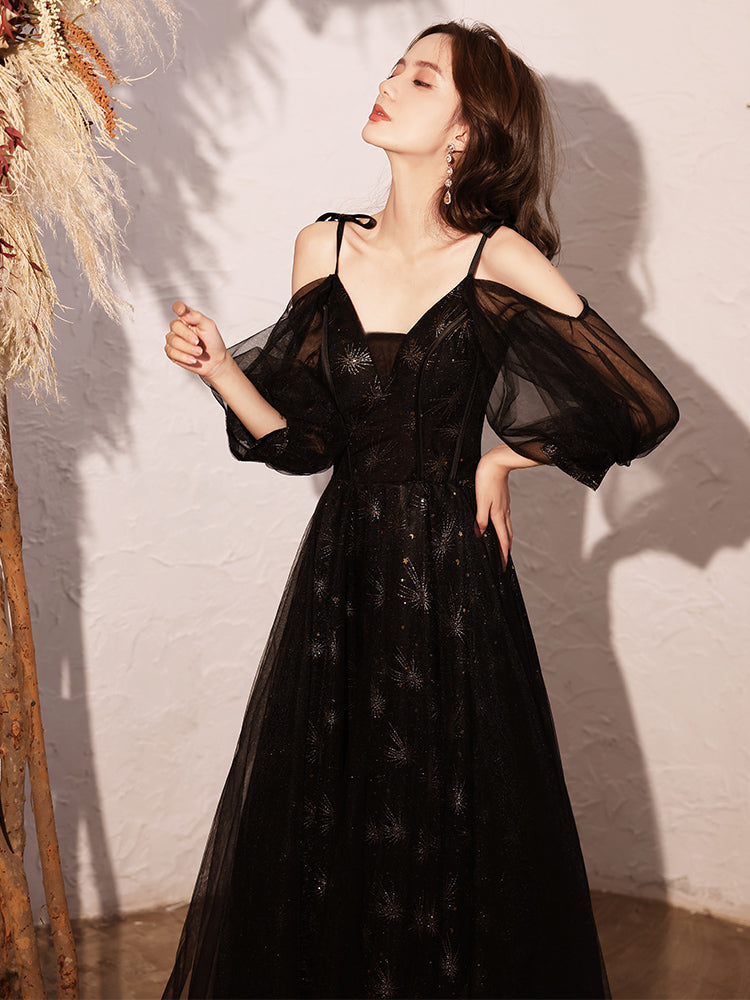 Black V-neckline Straps A-line Long Lace-up Prom Dress, Black Formal Dress