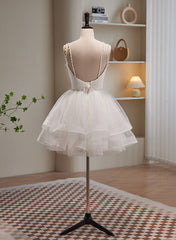 Cute White Short Tulle Beaded Graduation Dress, White Short Prom Dress Formal Dress
