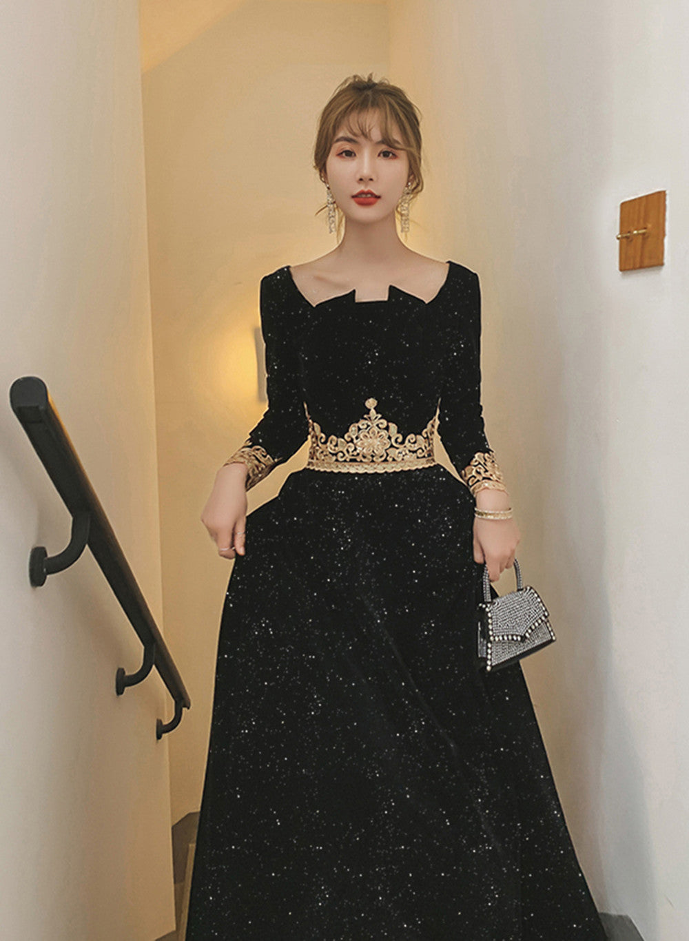 Black Long Sleeves Velvet A-line Formal Dress, Black Floor Length Party Dress