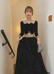 Black Long Sleeves Velvet A-line Formal Dress, Black Floor Length Party Dress