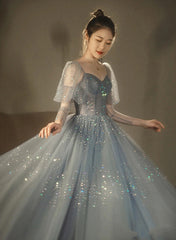 Blue Beaded A-line Tulle Long Party Dress, Blue Evening Dress Prom Dress