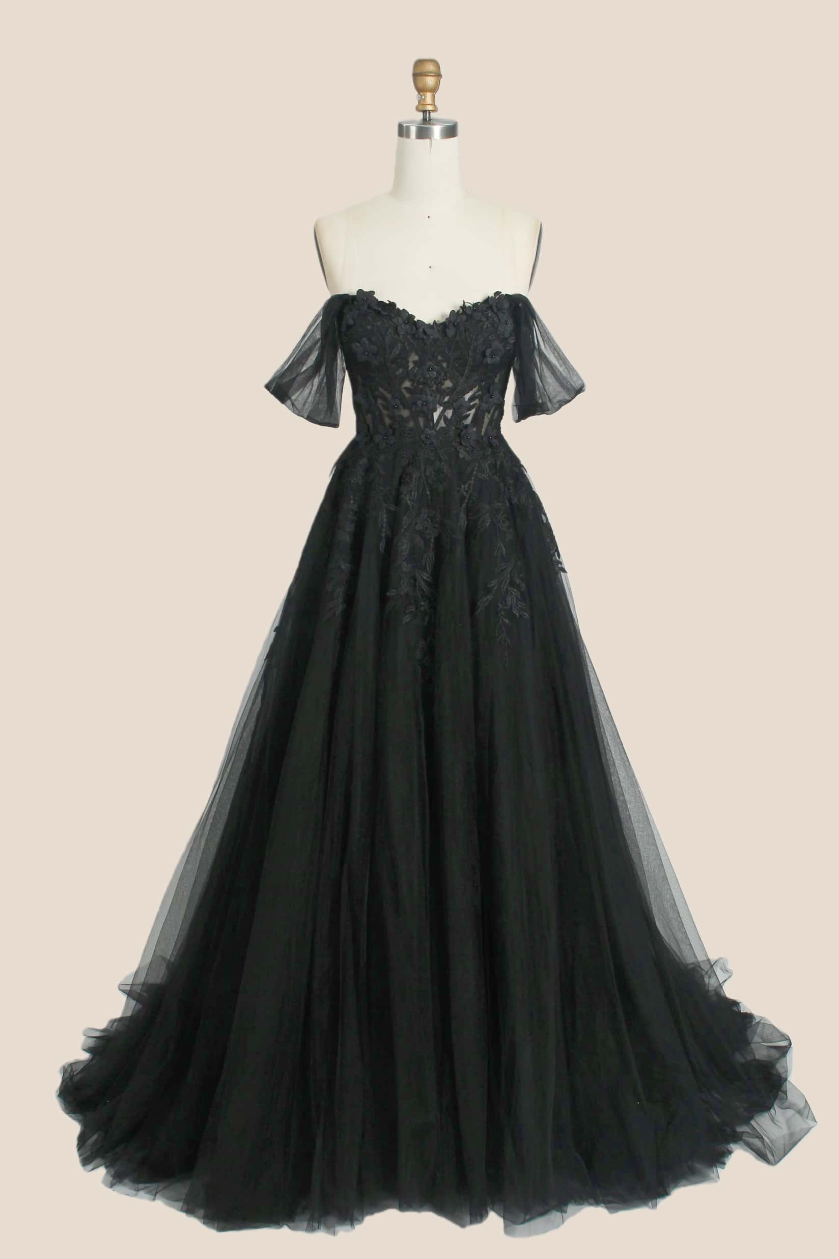 Black Floral Embroidery Strapless A-line Formal Dress