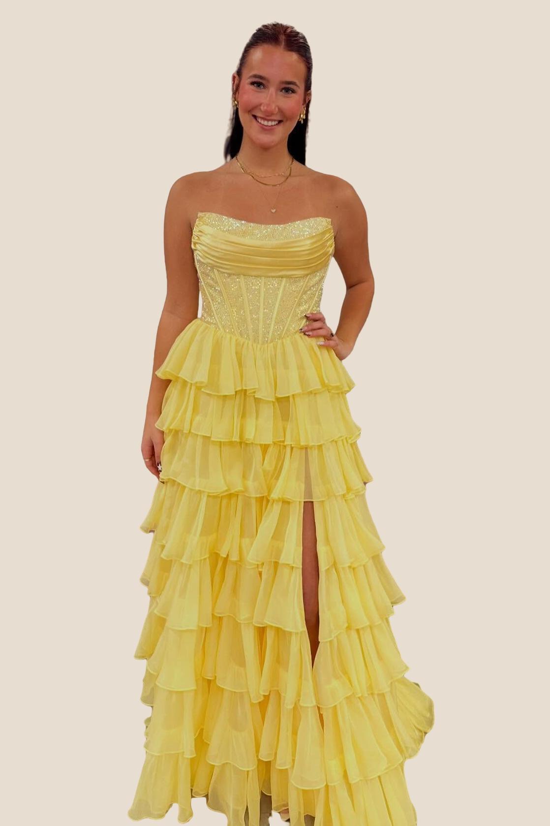 Beaded Yellow Chiffon A-line Tiered Ruffle Gown