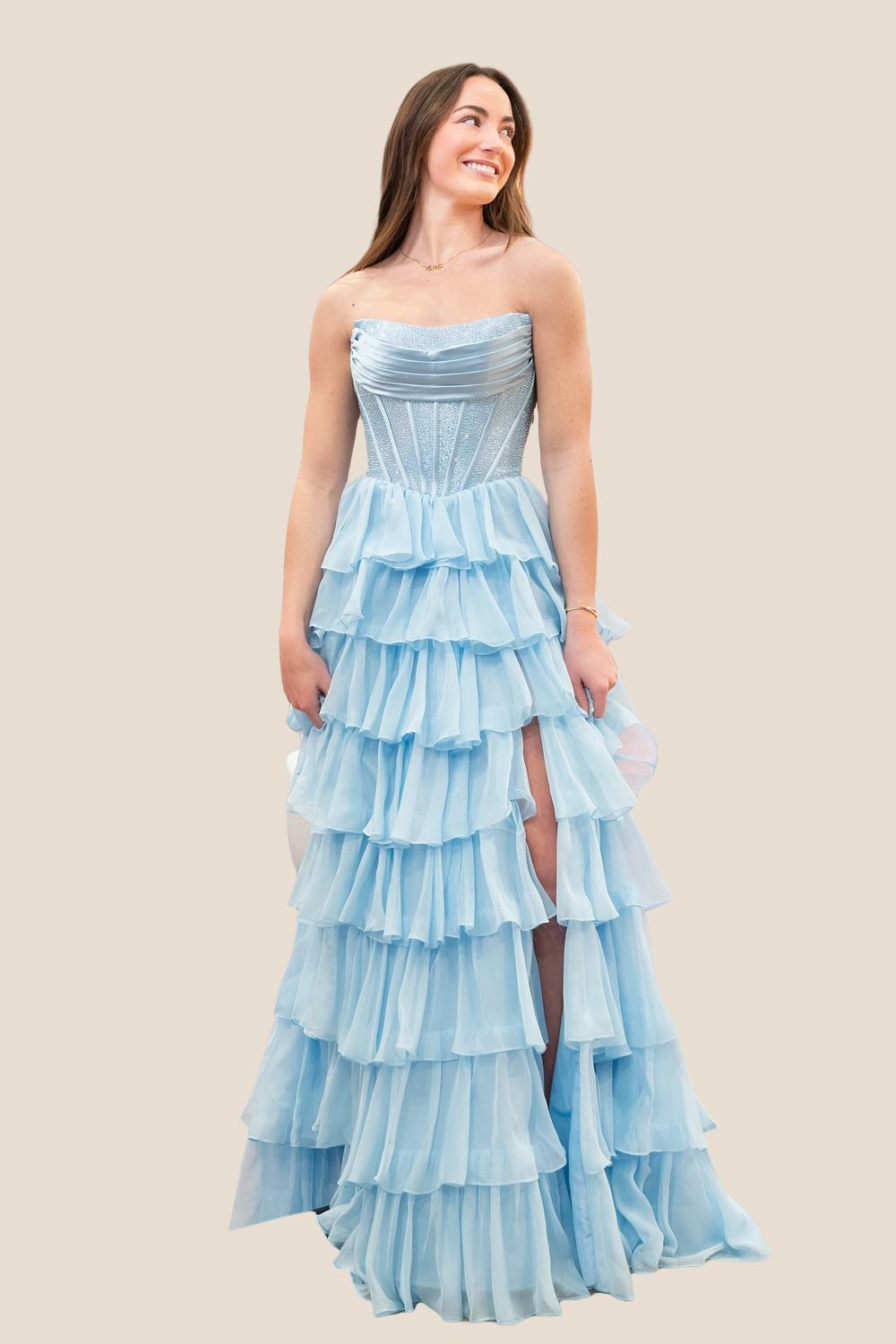 Beaded Yellow Chiffon A-line Tiered Ruffle Gown