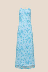 Blue Beaded Flowers Fitted Long Dress