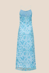 Blue Beaded Flowers Fitted Long Dress