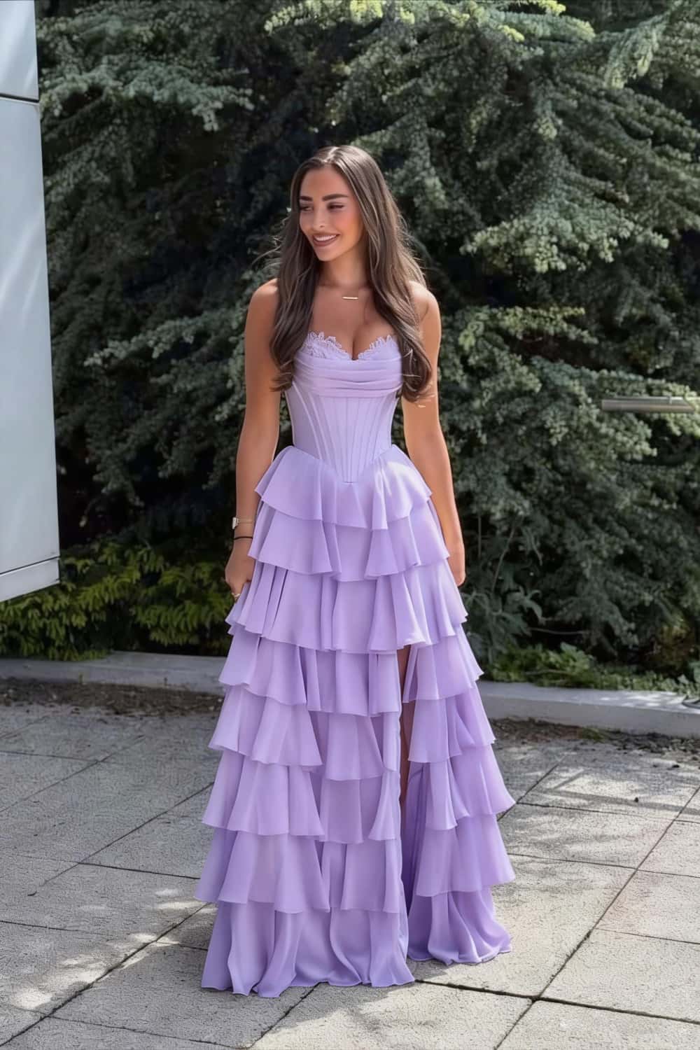 Blue Corset Chiffon Tiered Formal Gown