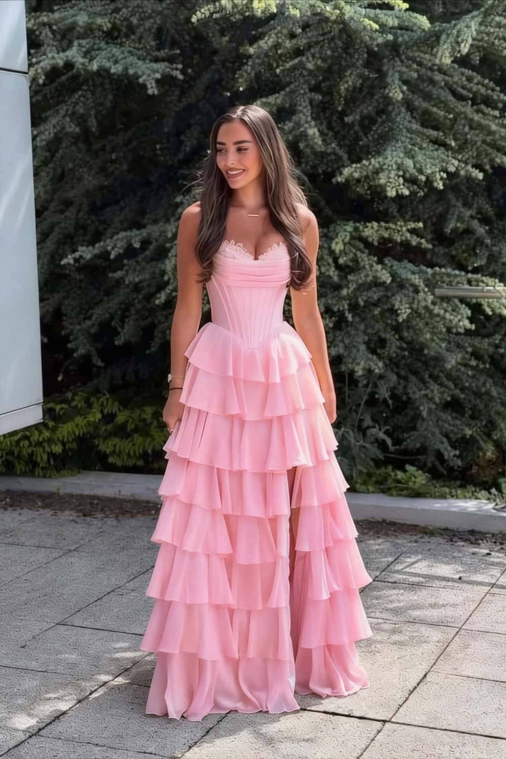 Blue Corset Chiffon Tiered Formal Gown