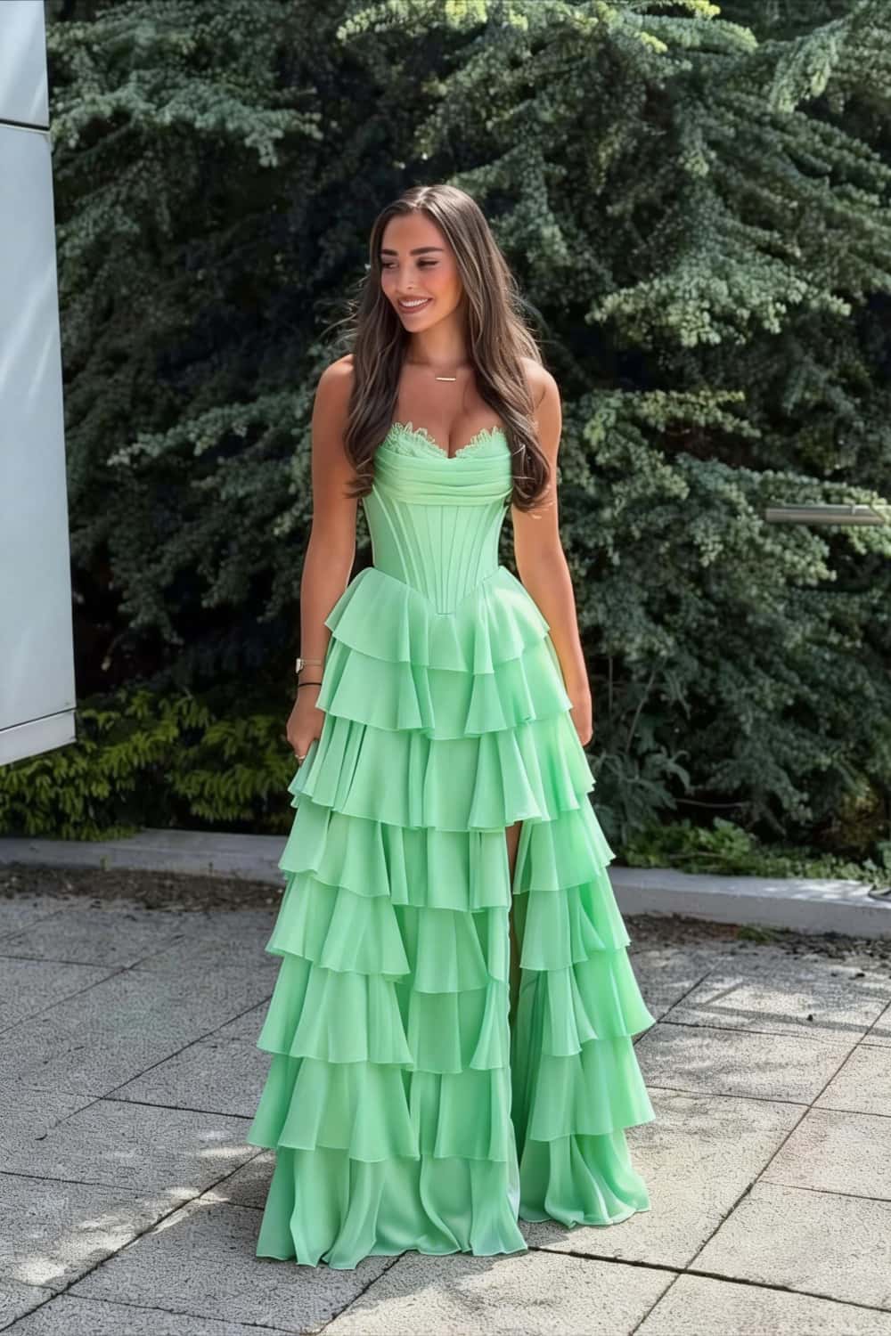 Blue Corset Chiffon Tiered Formal Gown