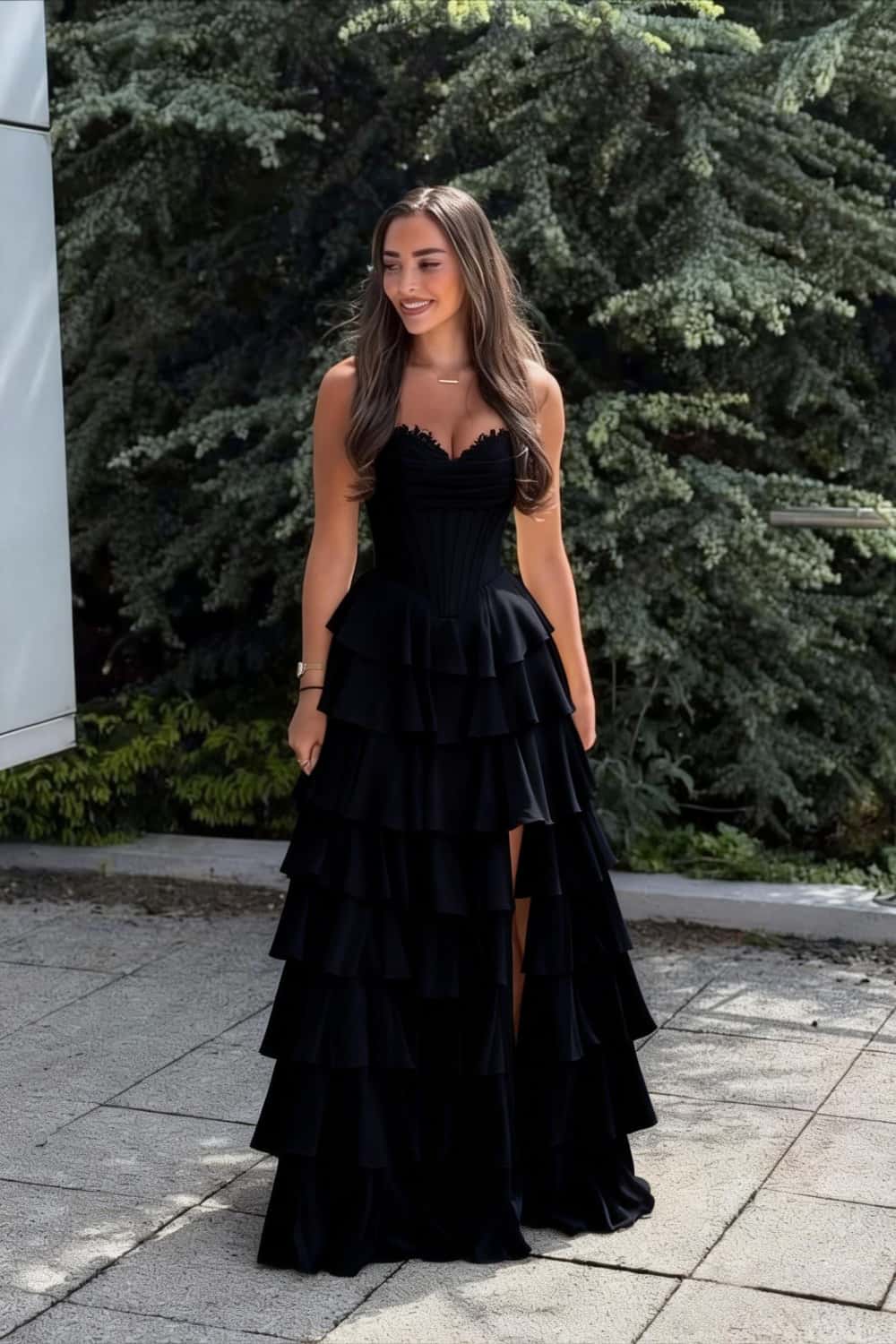 Blue Corset Chiffon Tiered Formal Gown