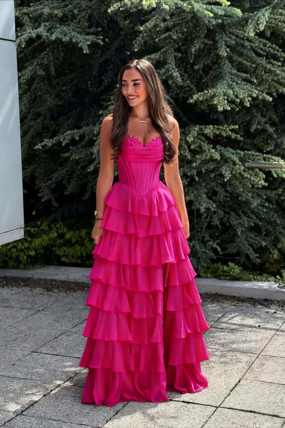 Blue Corset Chiffon Tiered Formal Gown