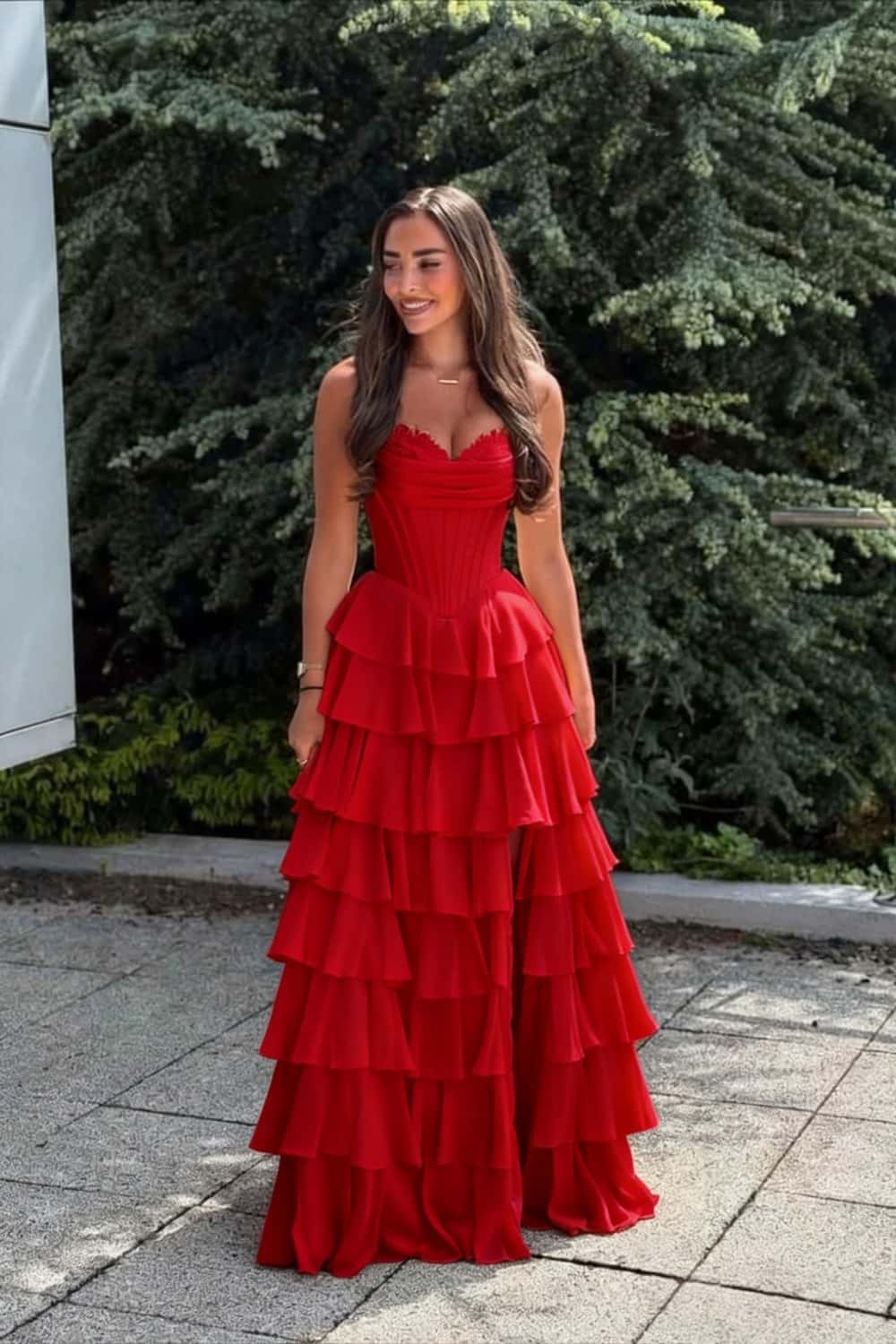 Blue Corset Chiffon Tiered Formal Gown