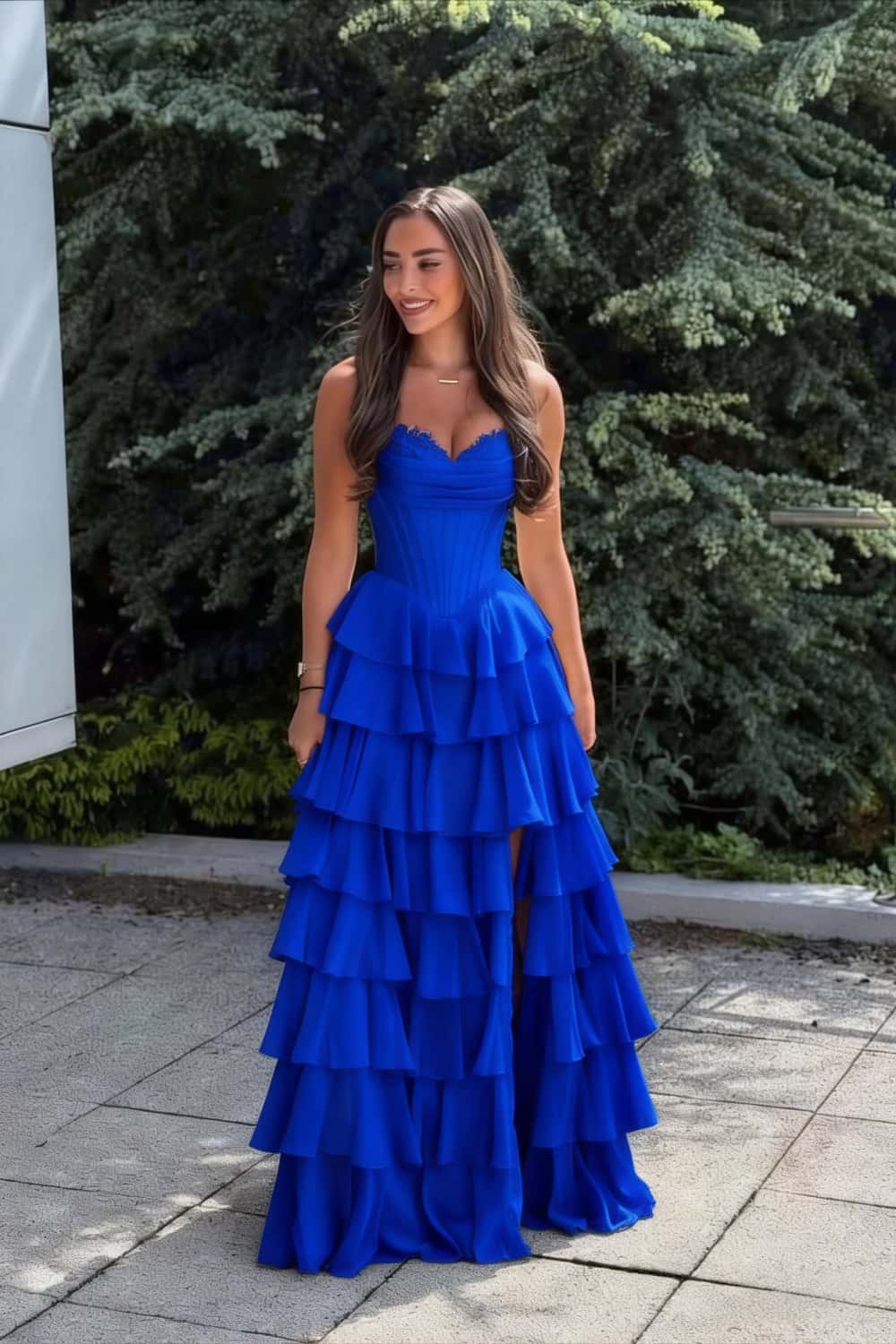 Blue Corset Chiffon Tiered Formal Gown