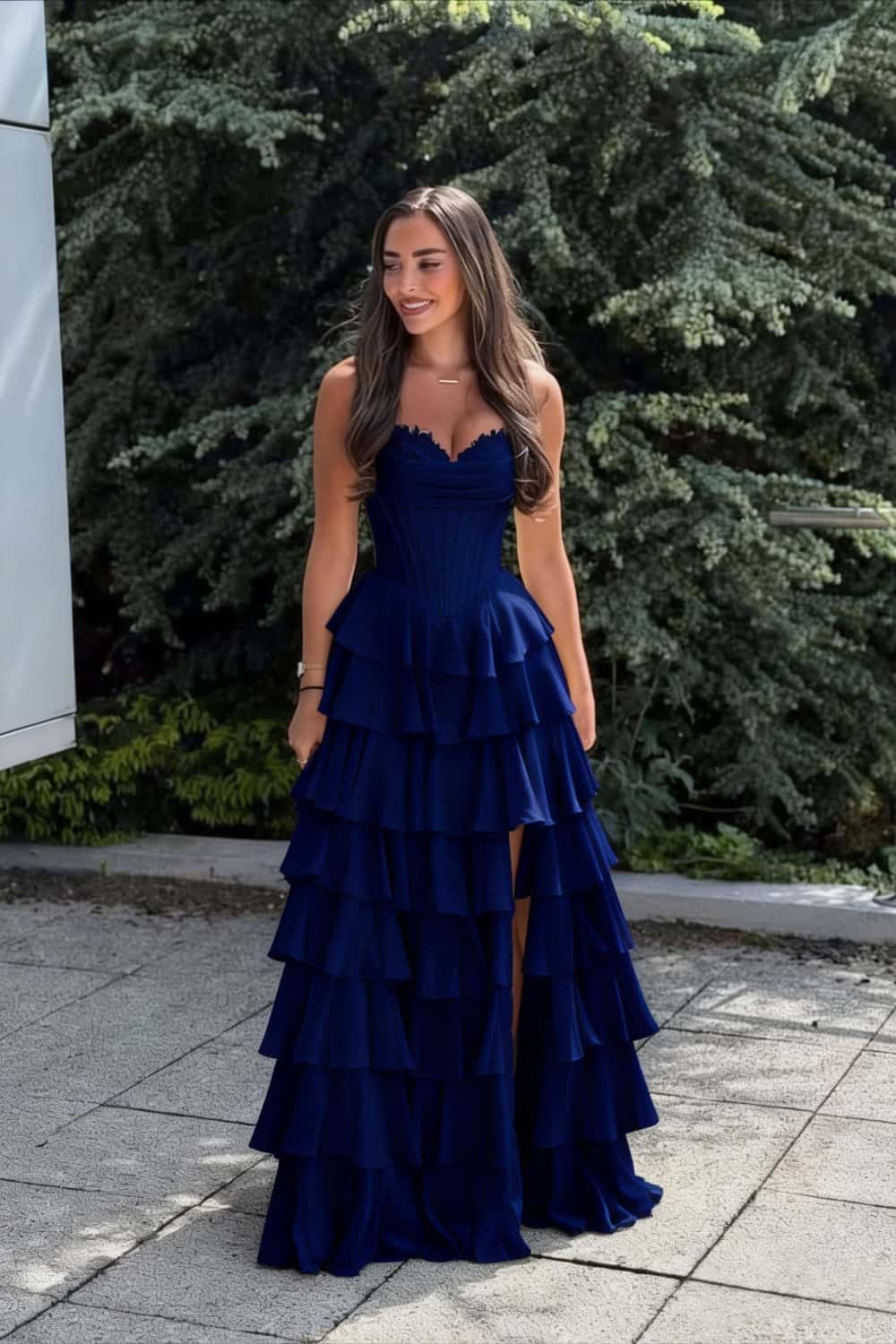 Blue Corset Chiffon Tiered Formal Gown