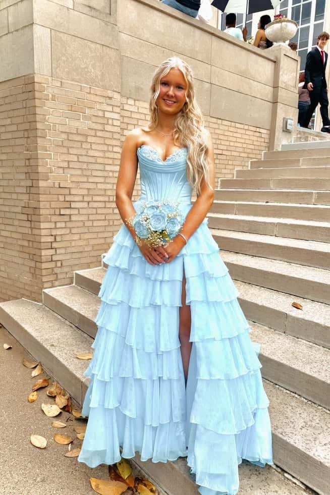 Blue Corset Chiffon Tiered Formal Gown