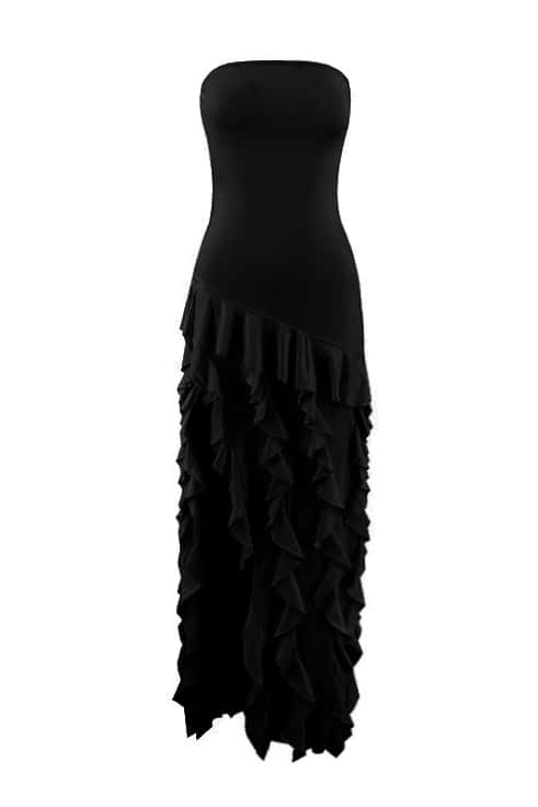 Black Strapless Ruffle Slit Long Dress