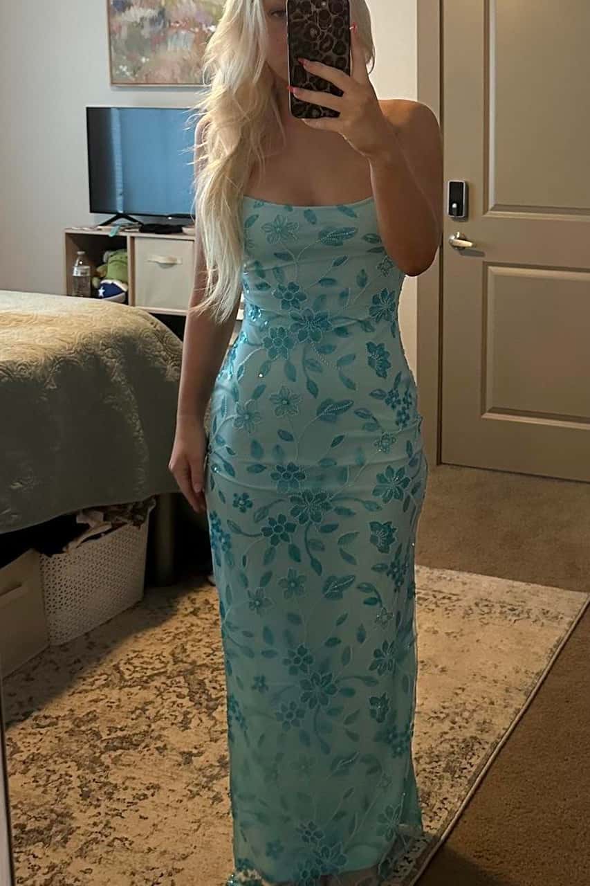 Blue Beaded Flowers Fitted Long Dress