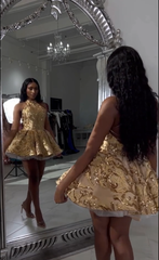 Cute A line Halter Sequin Short Gold Homecoming Dress