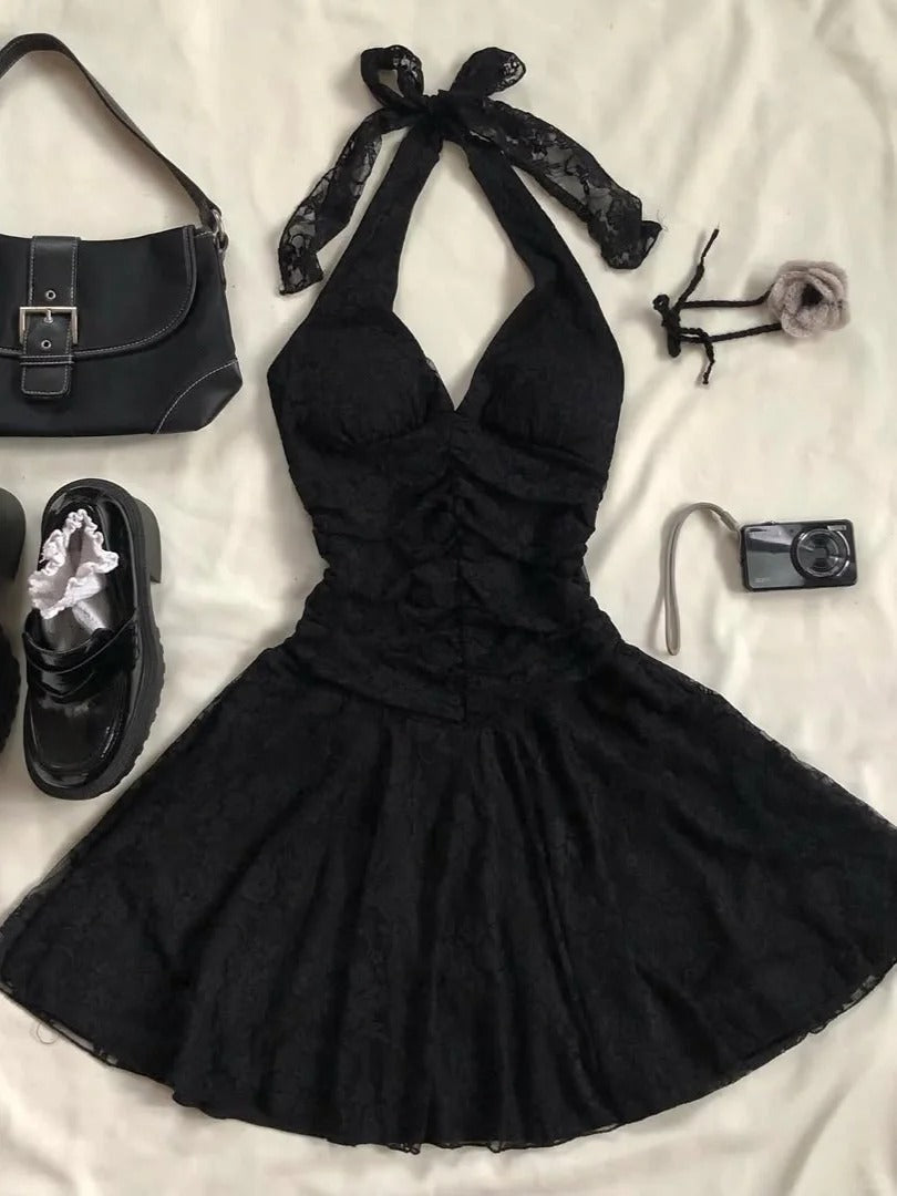 Cute Black Halter Neck Lace Mini Homecoming Dress