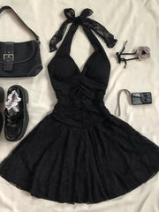 Cute Black Halter Neck Lace Mini Homecoming Dress