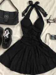 Cute Black Halter Neck Lace Mini Homecoming Dress