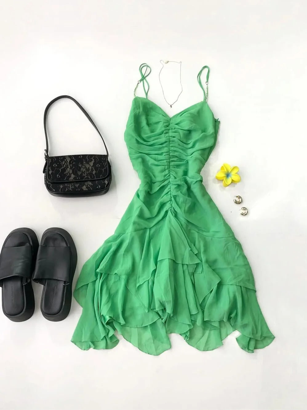 Beautiful Green Spaghetti Strap Pleated Chiffon Irregular Homecoming Dress