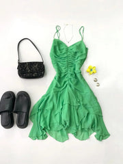 Beautiful Green Spaghetti Strap Pleated Chiffon Irregular Homecoming Dress