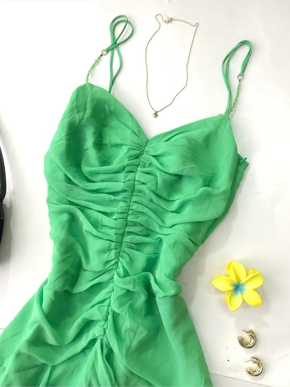 Beautiful Green Spaghetti Strap Pleated Chiffon Irregular Homecoming Dress