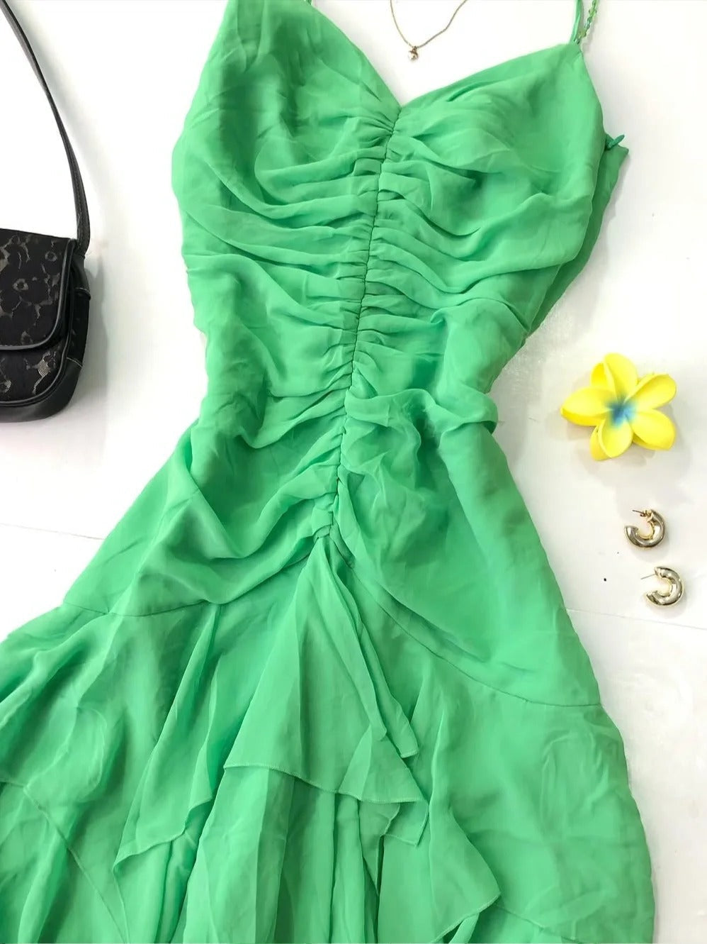 Beautiful Green Spaghetti Strap Pleated Chiffon Irregular Homecoming Dress