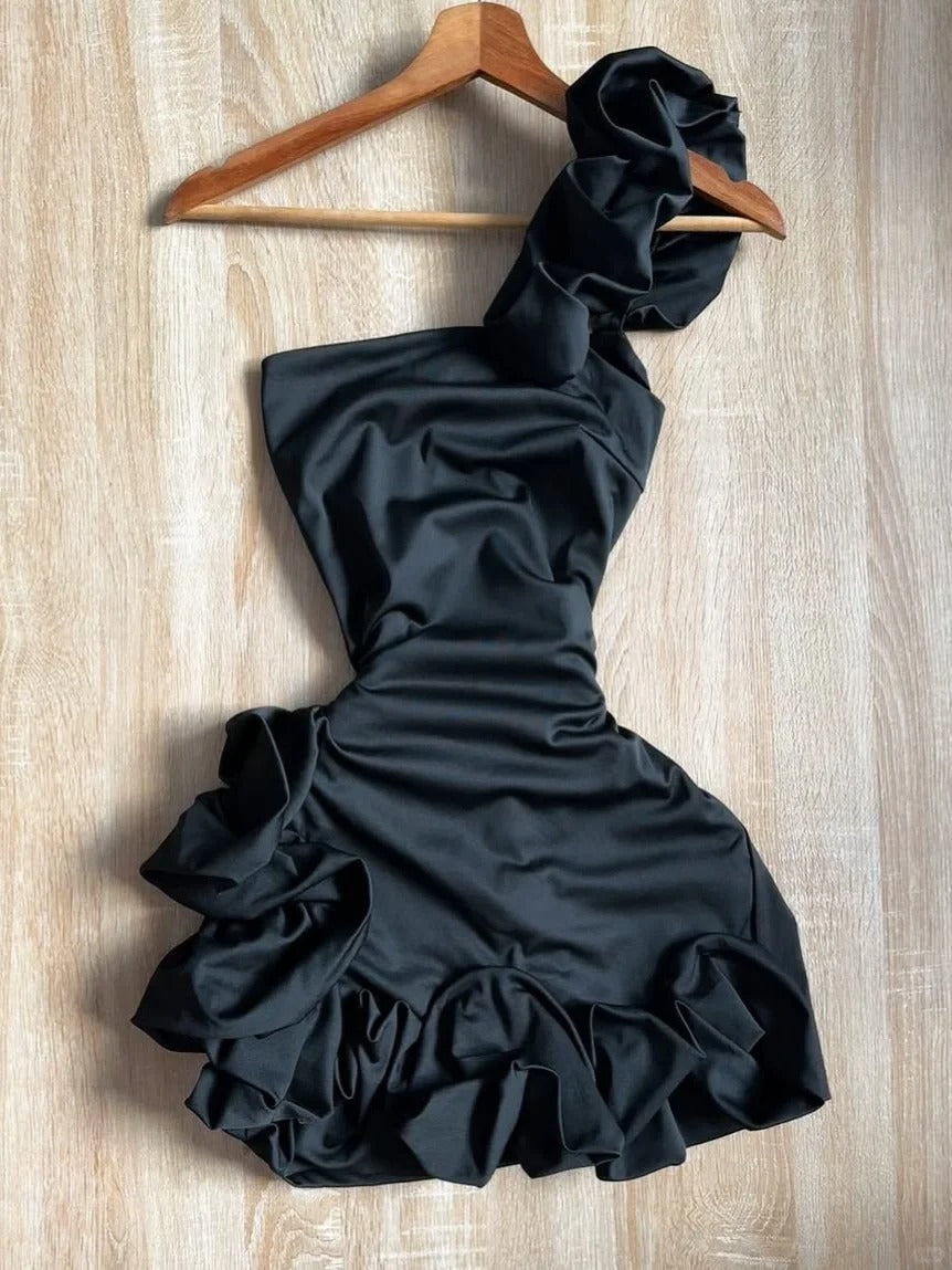 Elegant Satin One Shoulder Black Bud Mini Homecoming Dress