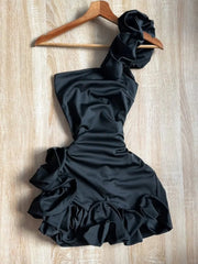 Elegant Satin One Shoulder Black Bud Mini Homecoming Dress