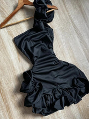 Elegant Satin One Shoulder Black Bud Mini Homecoming Dress