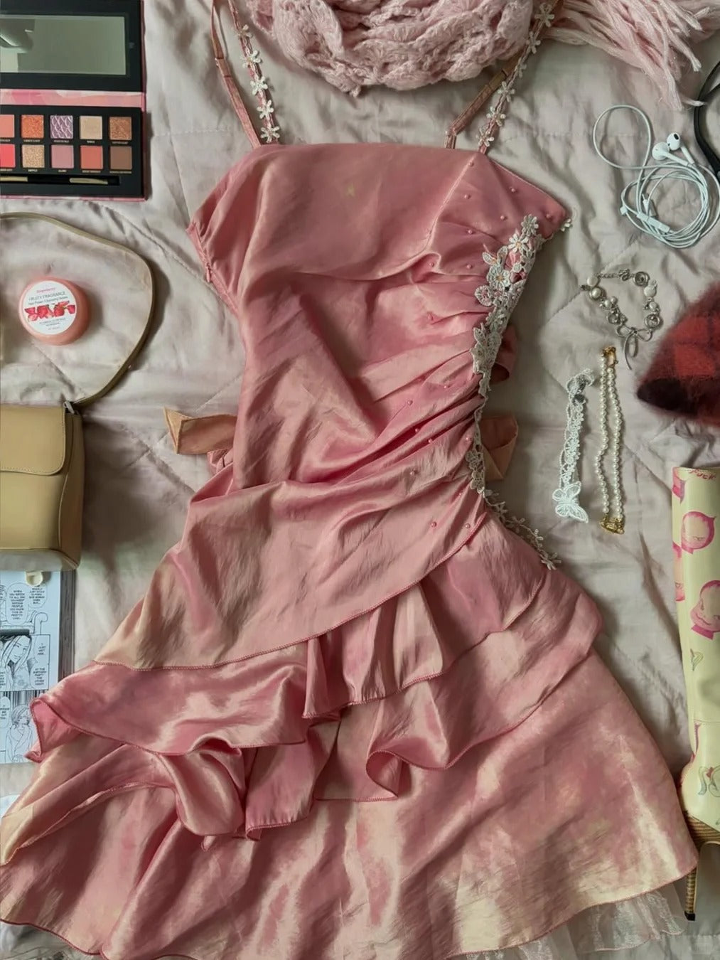 Cute Pink Spaghetti Strap Laser Ruffle Homecoming Dress