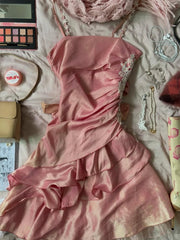Cute Pink Spaghetti Strap Laser Ruffle Homecoming Dress
