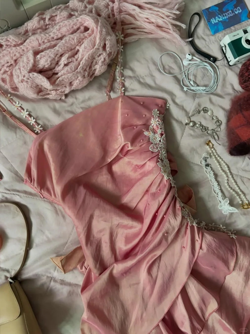 Cute Pink Spaghetti Strap Laser Ruffle Homecoming Dress