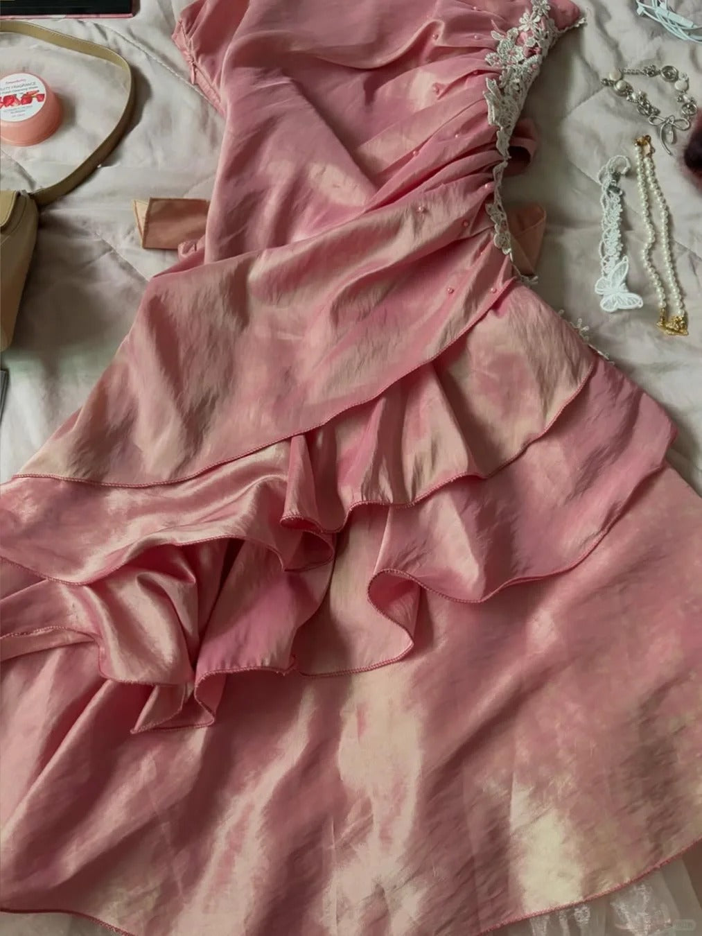 Cute Pink Spaghetti Strap Laser Ruffle Homecoming Dress