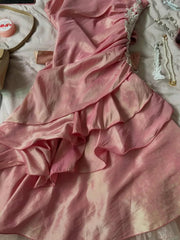 Cute Pink Spaghetti Strap Laser Ruffle Homecoming Dress