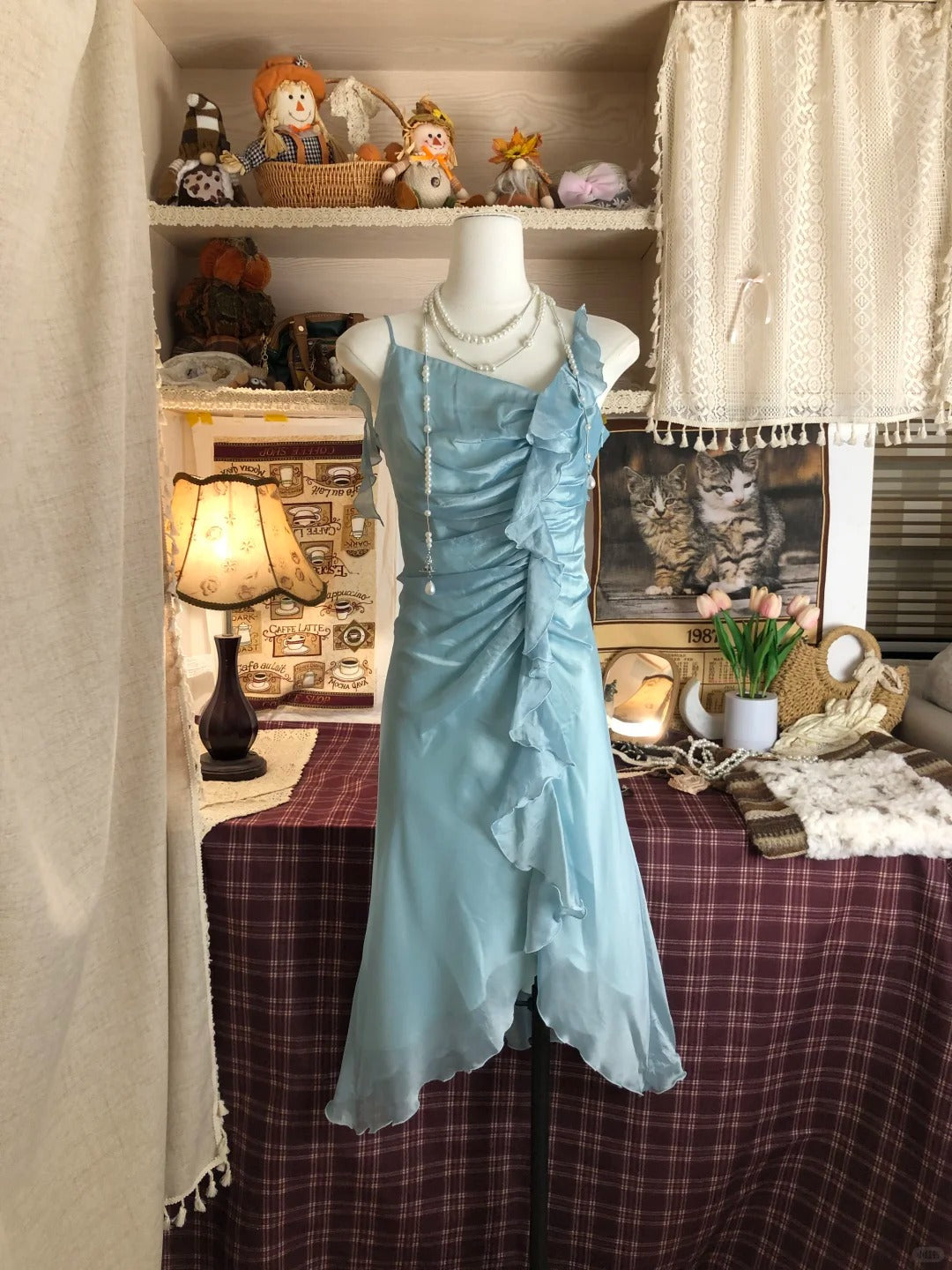 Beautiful Blue Shoulder Strap Ruffled Chiffon Homecoming Dress